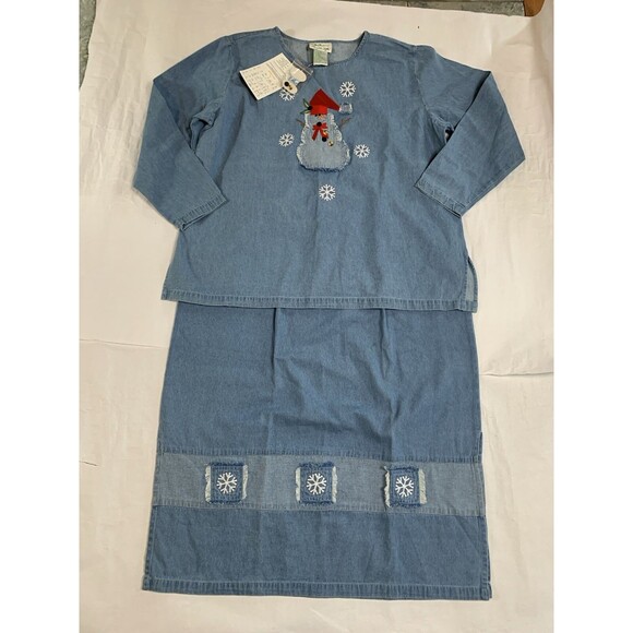 Quacker Factory Skirt Duo Womans 1X Blue Denim Blouse and Skirt with Snowman - Picture 1 of 13